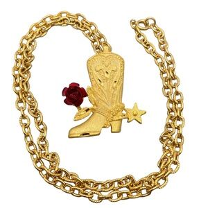 Country Western Style Cowboy Boot w/Rose Pendant Necklace Gold-Tone